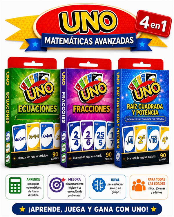 Uno Matemática Avanzada: mazos de fracciones, ecuaciones, potencias y raíz cuadrada