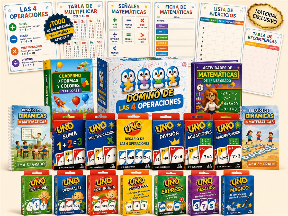 Kit UNO Matemático: mazos de cartas de suma, resta, multiplicación y división, dominó de las 4 operaciones, carteles y materiales listos para imprimir