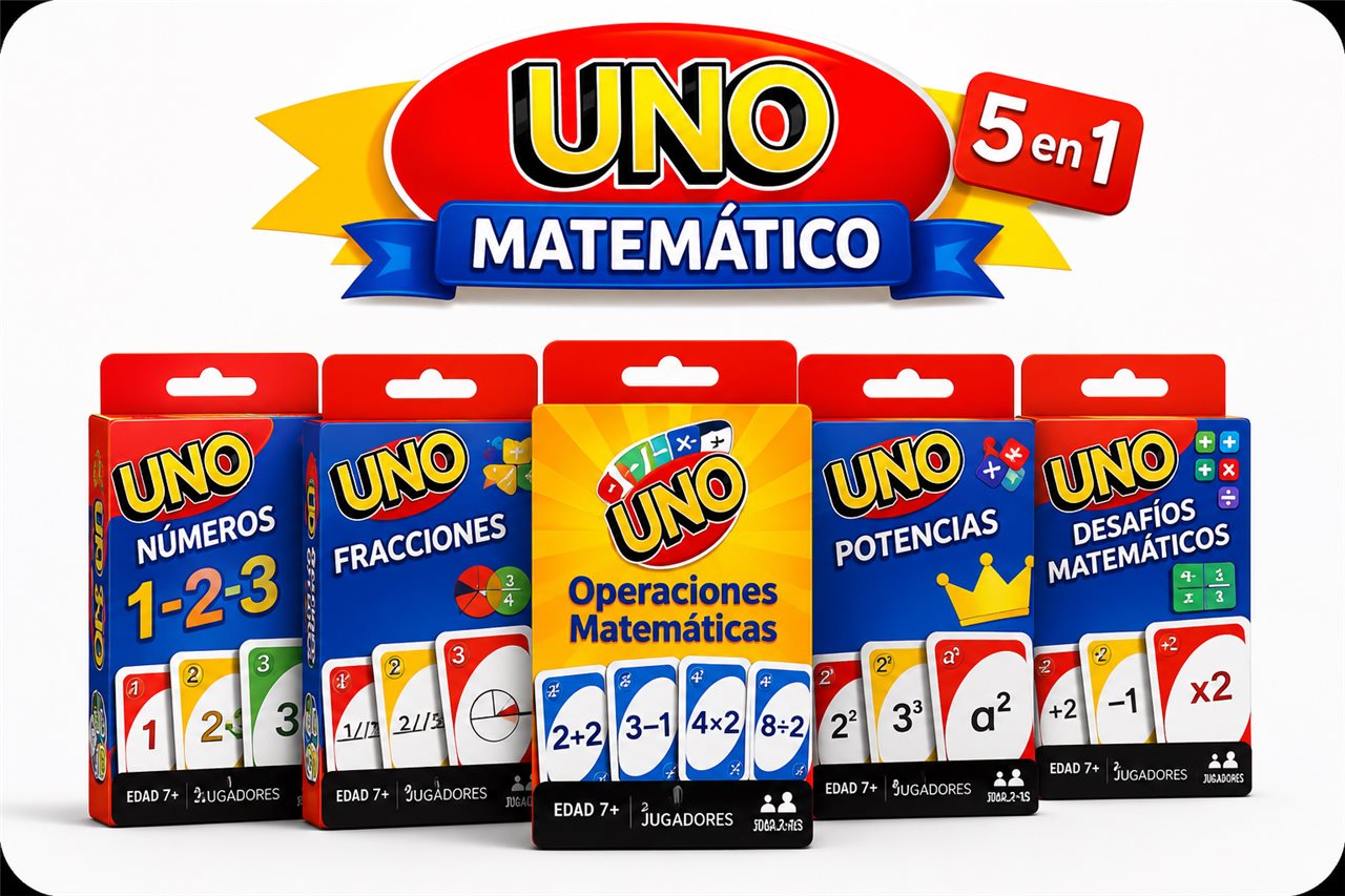Kit UNO Matemático 5 en 1: las cajas de los 5 mazos de cartas