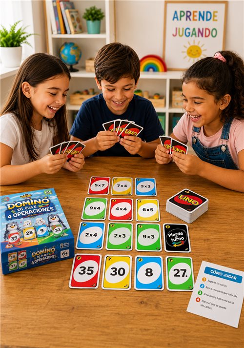 Alumnos jugando con las cartas del Uno Matemático impresas
