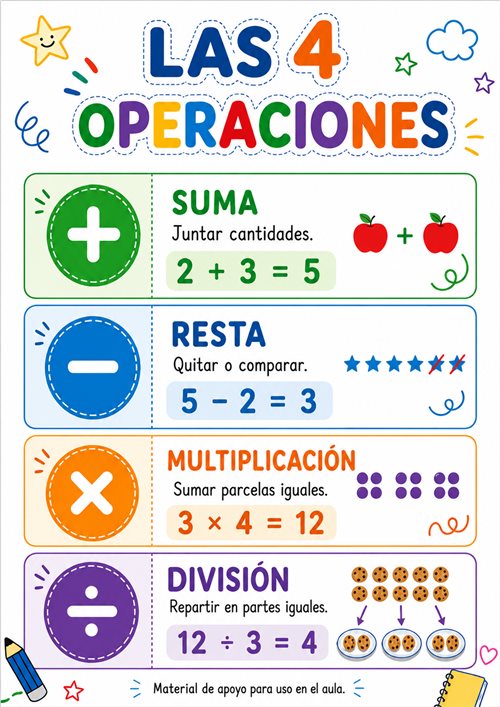 Cartel de las 4 operaciones: suma, resta, multiplicación y división